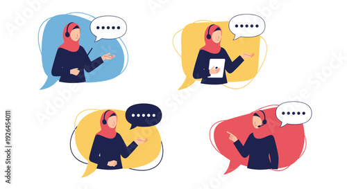 Set of four muslim female call center agents wearing hijabs and headsets for customer service and technical support.