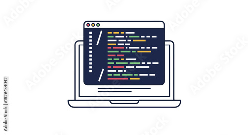 Flat design illustration of a laptop computer with a code window open on the screen for software and web development.