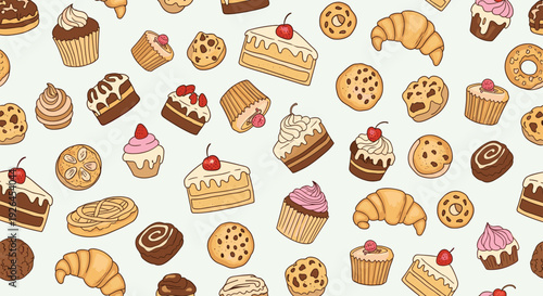 Colorful seamless pattern of various sweet pastries including cupcakes croissants cookies and cake slices for bakery background.