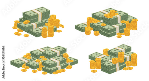 Isometric money stacks and gold coins collection representing banking financial growth investment and savings for business.