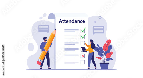 Modern flat illustration of students or employees checking an attendance list on a giant clipboard with a large pencil.