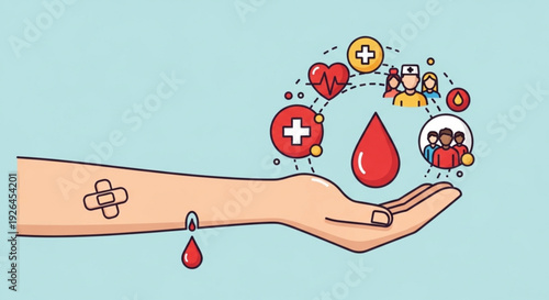 Blood donation concept with hand band aid and floating medical symbols