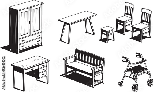 Collection Of Black And White Furniture And Mobility Aid Drawings illustrations