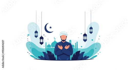 Muslim man in traditional blue clothing and turban praying with hands crossed against a backdrop of mosques and lanterns.