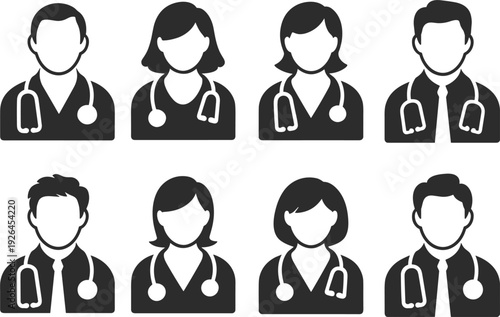 Eight Medical Doctor Icons with Stethoscopes on White Background healthcare