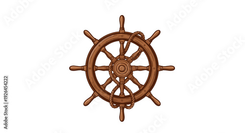 Vintage Wooden Ship Steering Wheel Isolated.