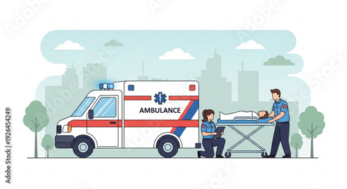 Paramedics loading patient into ambulance on city street with emergency medical services