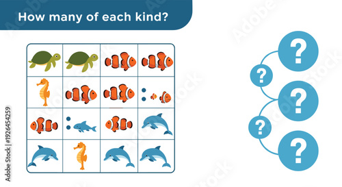 Educational mathematical worksheet for children to count different kinds of sea animals like turtles fish and dolphins.