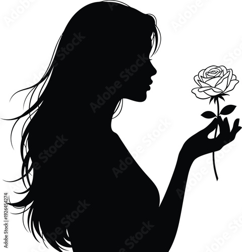 Woman Holding Rose Silhouette Isolated on White