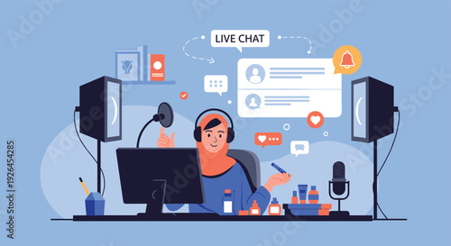 Young muslim woman wearing a hijab and headset recording a live beauty video stream with makeup products and equipment.