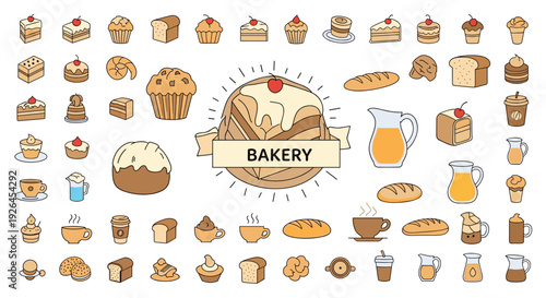 Large bakery icon collection featuring various types of bread cakes donuts pastries coffee and orange juice around a logo.