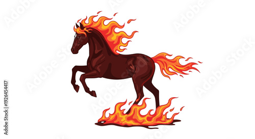 Fiery horse illustration with flames on white background