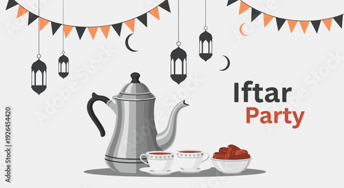 Festive iftar party invitation with a traditional teapot cups dates and hanging lanterns under orange and black banners.