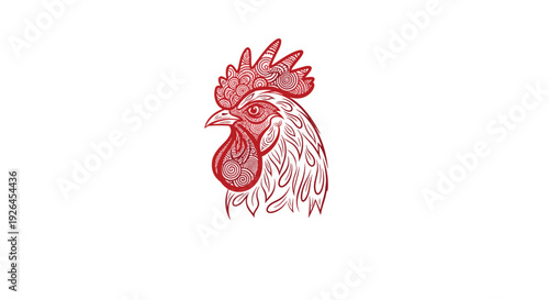 Decorative red rooster head illustration with intricate swirling patterns and mandalas inside its comb and feathers.
