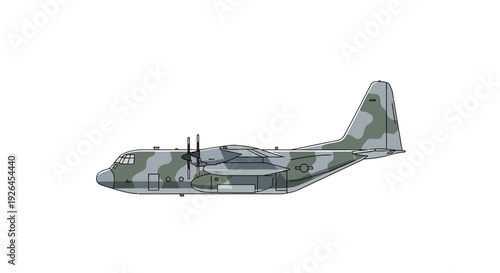 Military Cargo Plane with Camouflage Design on White Background
