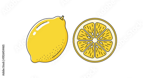 Illustration of Whole and Sliced Lemon on White Background