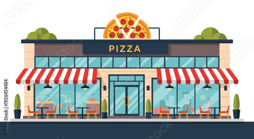 Modern pizza restaurant storefront illustration with outdoor seating umbrellas potted plants and a large pizza slice sign.