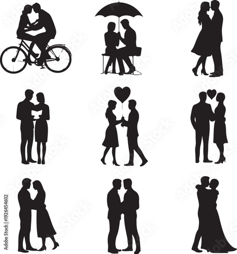 black silhouettes of couples in various romantic poses