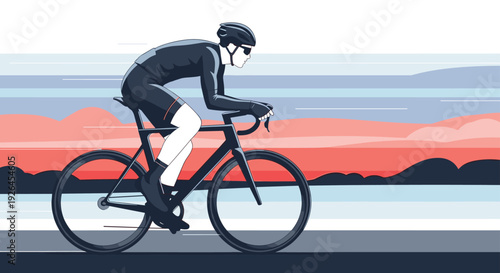 Professional cyclist riding a high speed road bike during sunset against a background of mountains and a calm lake.