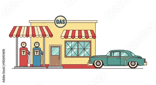Vintage gas station with classic car illustration in retro style