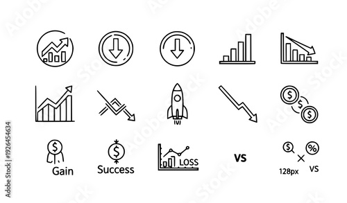 Business growth and decline line icons with financial charts arrows and rocket launch editable vector stroke
Keywords: