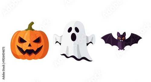 Halloween icons set with pumpkin, ghost, and bat on white background