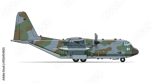 Camouflage military transport aircraft illustration on white background