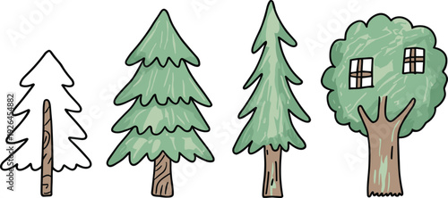 Cartoon tree illustrations with coniferous and broadleaf designs, green foliage, whimsical treehouse style, nature vector art for landscape graphics