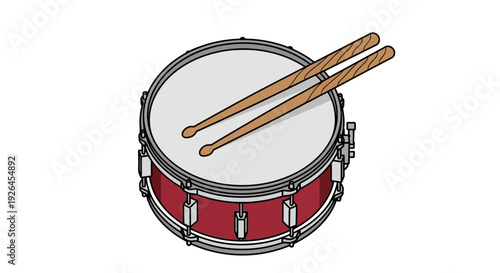 Illustration of a Red Snare Drum with Drumsticks on White Background