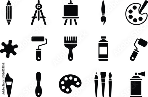 Collection of Black Art and Craft Supply Icons on White Background pencil compass