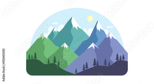 Colorful geometric mountain landscape with sun and pine trees