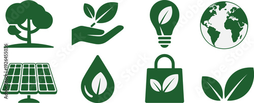 Green eco icons vector illustration with tree, leaves, globe, solar panels, water conservation, sustainable energy, reusable products, nature design