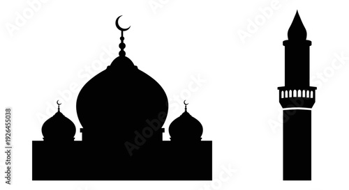 Silhouette of a mosque with a dome and a minaret in the background. Vector, illustration