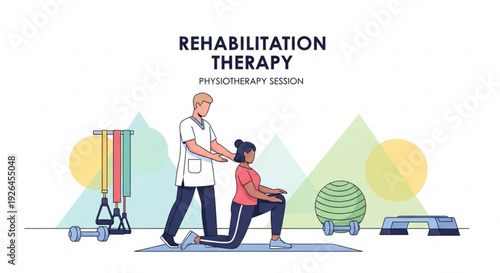 Physiotherapist assisting patient during rehabilitation therapy session with exercise equipment