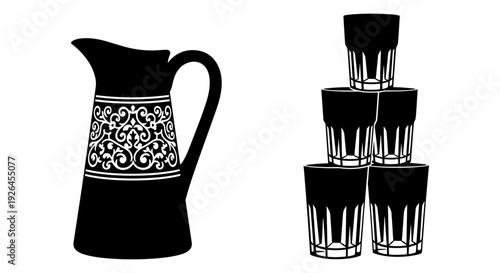 Elegant pitcher accompanied by a stack of tall drinking glasses on a table surface Vector, illustration
