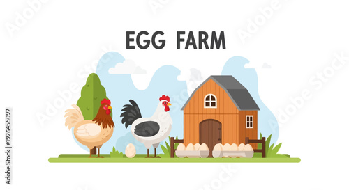Flat design illustration of a rural egg farm with chickens