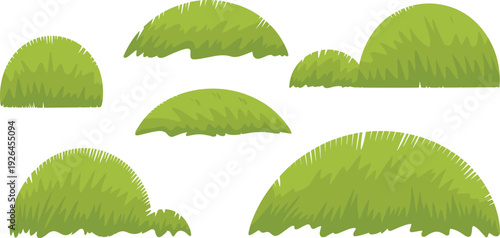 Green bush and grass clump vector set with foliage shapes, natural landscape elements, outdoor environment design for gardening, ecology, decorative projects