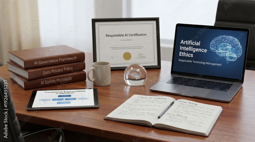 Obraz premium Office Table AI Governance Accountability Transparency Privacy Data Governance AI Safety Ethics Policy Responsible Technology