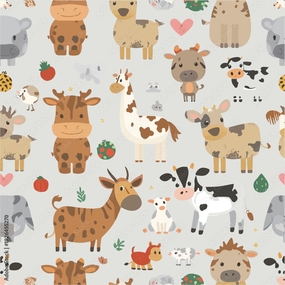 Fototapeta premium Colorful farm animals and fruits isolated on transparent background