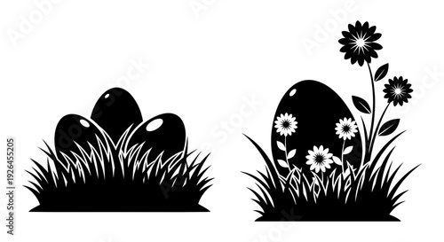 Contrast between barren and blooming eggs nestled in grassy terrain with simple flowers Vector, illustration