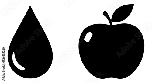 Contrast between a black teardrop and a black apple with green leaf silhouette Vector, illustration