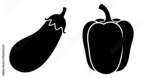 Black silhouettes of an eggplant and a bell pepper against a plain background Vector, illustration