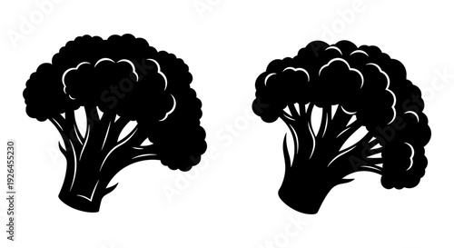 Two contrasting black silhouettes of broccoli florets side by side Vector, illustration