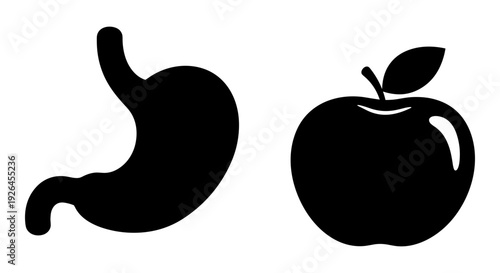 Simple black and white illustration of a stomach and an apple Vector, illustration