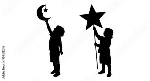 Children holding a crescent moon and a star under a night sky theme. Vector, illustration