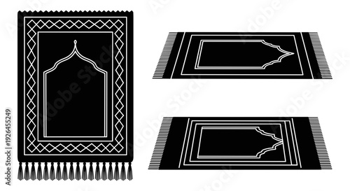 Traditional islamic prayer rugs with intricate geometric and arabic calligraphy designs Vector, illustration