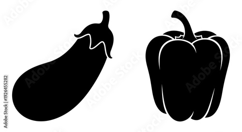Black silhouette of an eggplant and a red bell pepper with a small figure on the eggplant Vector, illustration