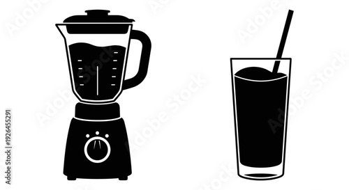 A blender and a glass of freshly made smoothie or juice next to each other Vector, illustration