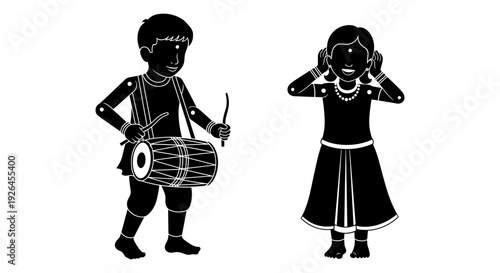 Traditional musicians playing percussion and wind instruments together in cultural attire Vector, illustration