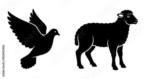 Symbolic black silhouette of a dove and a ram Vector, illustration
